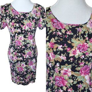 Vintage 90s Black Pink Floral Casual Dress Roses Size 6 8 Rayon Knee‎ Length